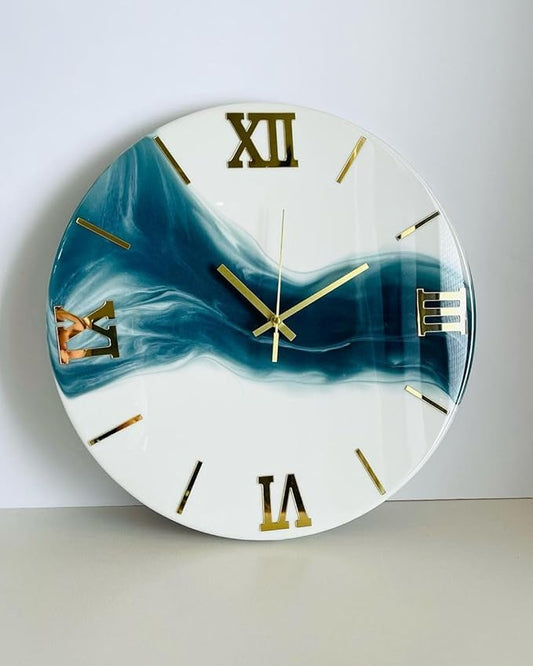 Luxury Resin wall clock White and Teal
