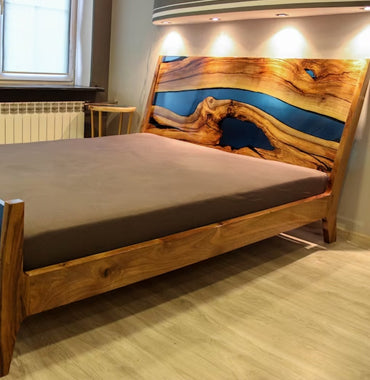 Blue river walnut epoxy king size bed