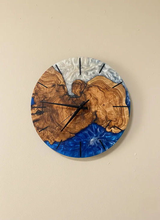 Wood & Blue Epoxy Resin Wall Clock
