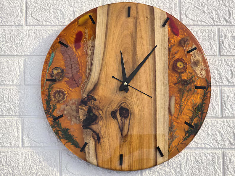 Teak Epoxy Floral, Dried Flower Decor wall clock