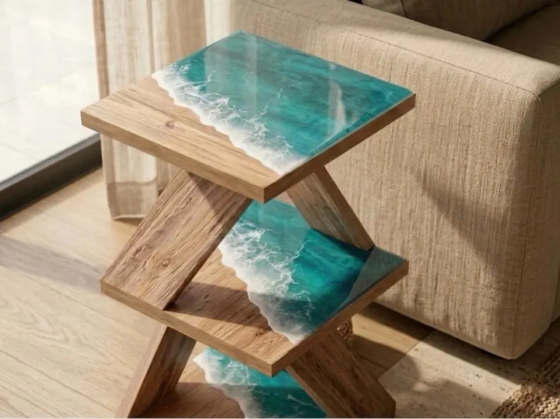 Ocean Resin Turquoise Wave Side Table, Beach House Furniture