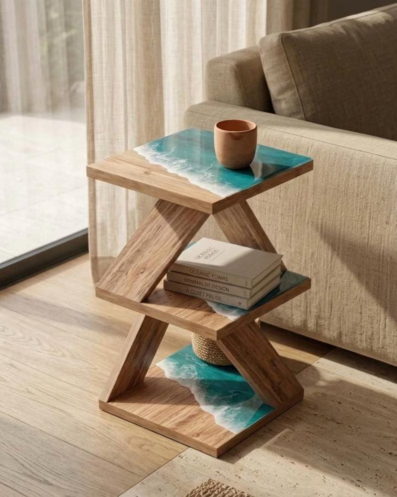 Ocean Resin Turquoise Wave Side Table, Beach House Furniture