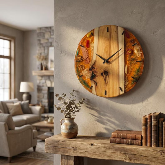 Teak Epoxy Floral, Dried Flower Decor wall clock