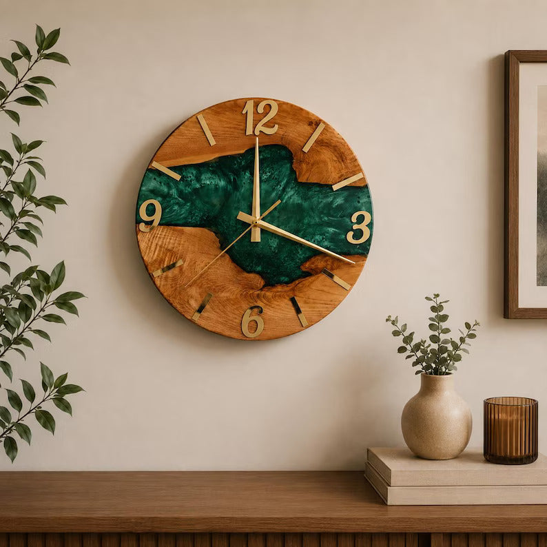 Wood & Emerald Epoxy Wall Clock